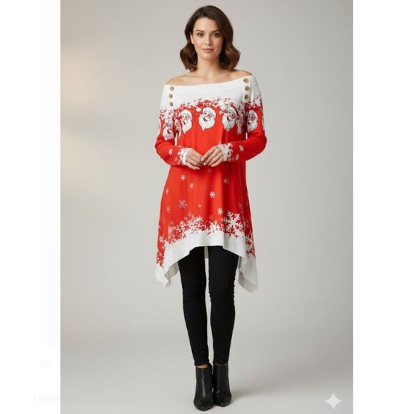 Christmas Womens Top Nextmia NWT Red Santa Snow Off Shoulder Holiday Size US 14 - Picture 1 of 7